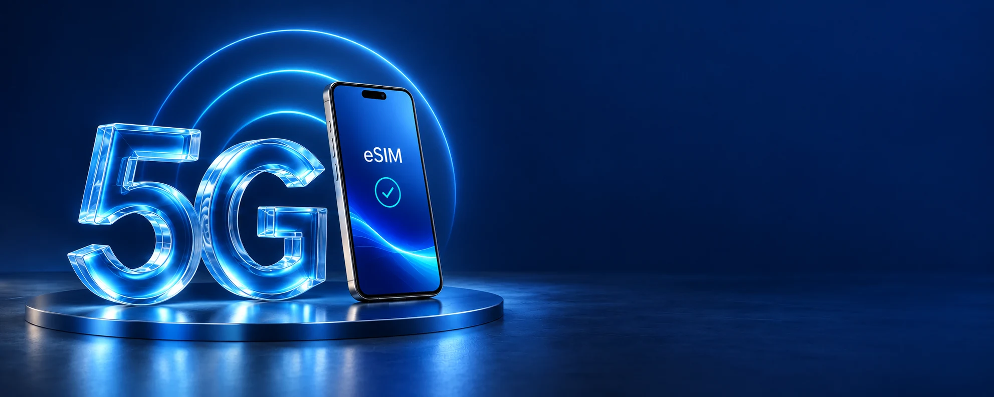 המחשה טכנולוגית של 5G וטלפון עם eSIM דיגיטלי